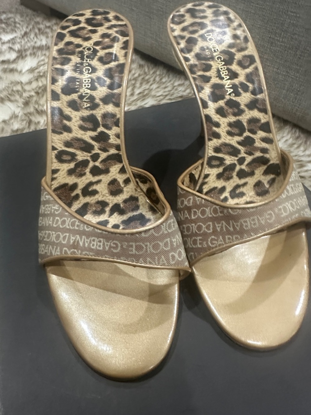 Dolce & Gabbana Metallic Gold Slides with Leopard-Print Insole